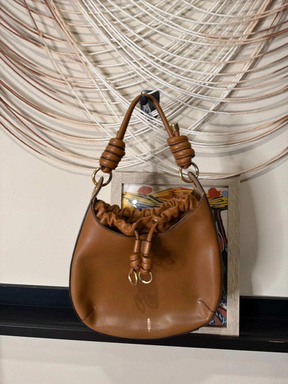 Thacker New York Tan Leather Drawstring Hobo Shoulder Bag